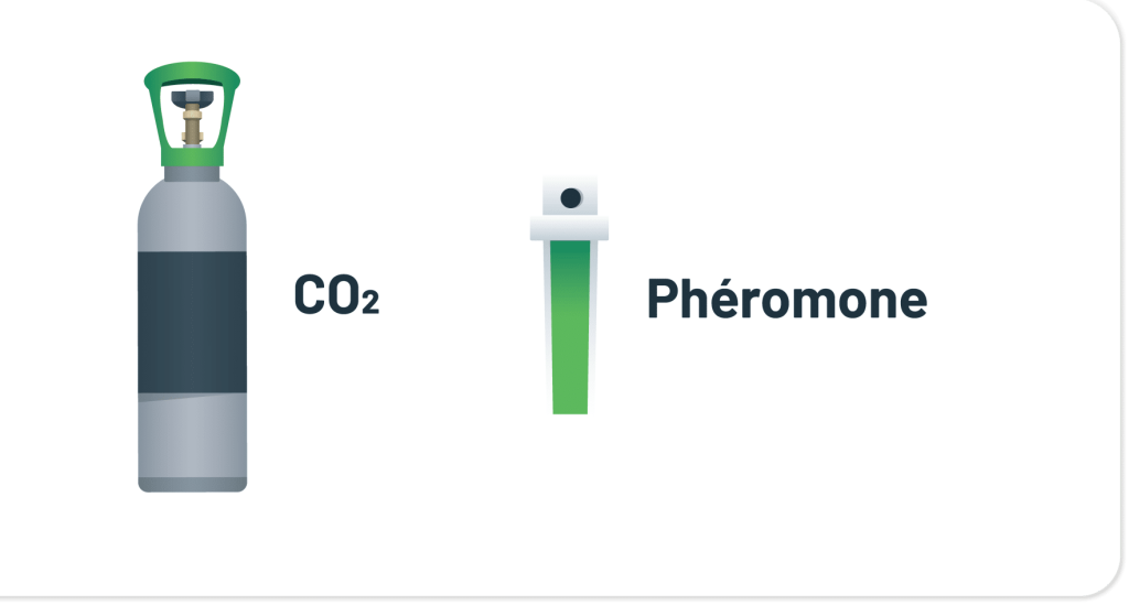 Consommable_FOND-CLAIR_CMJN_300DPI Les consommables nécessaires au bon fonctionnement du piège. Bonbonne de CO2 et leurre à la phéromone.