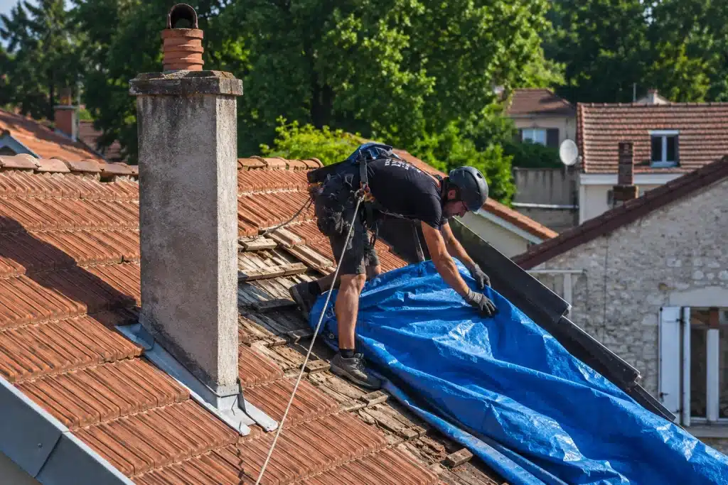 Bâchage d'urgence d'une toiture par un couvreur professionnel à Toulouse Bâchage d'urgence d'une toiture par un couvreur professionnel à Toulouse