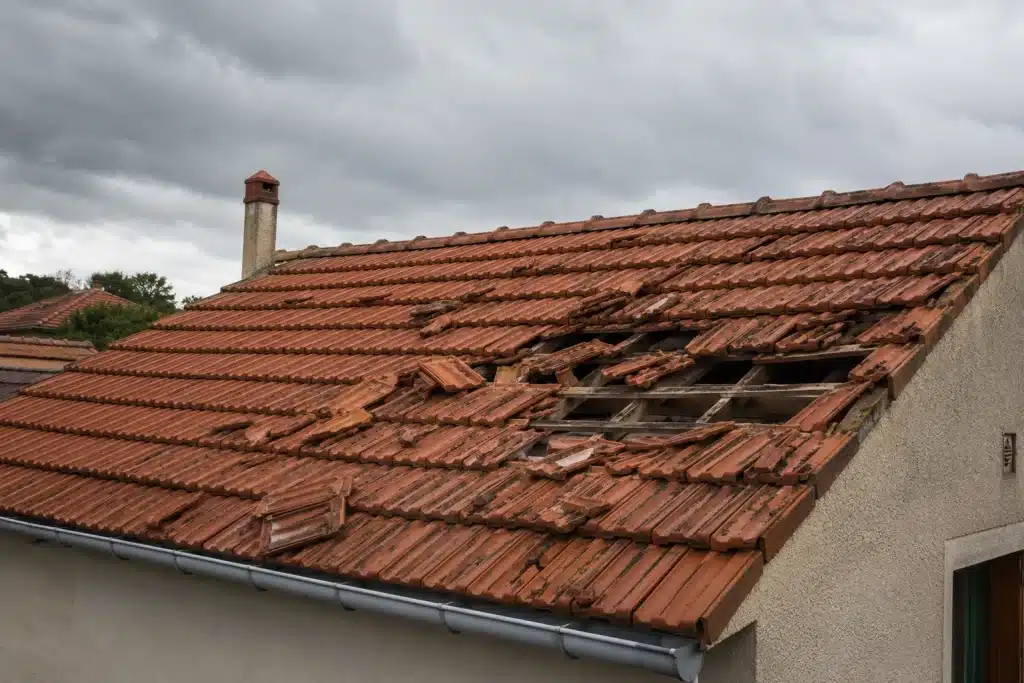 Tuiles cassées et envolées sur une toiture après une tempête à Toulouse Tuiles cassées et envolées sur une toiture après une tempête à Toulouse